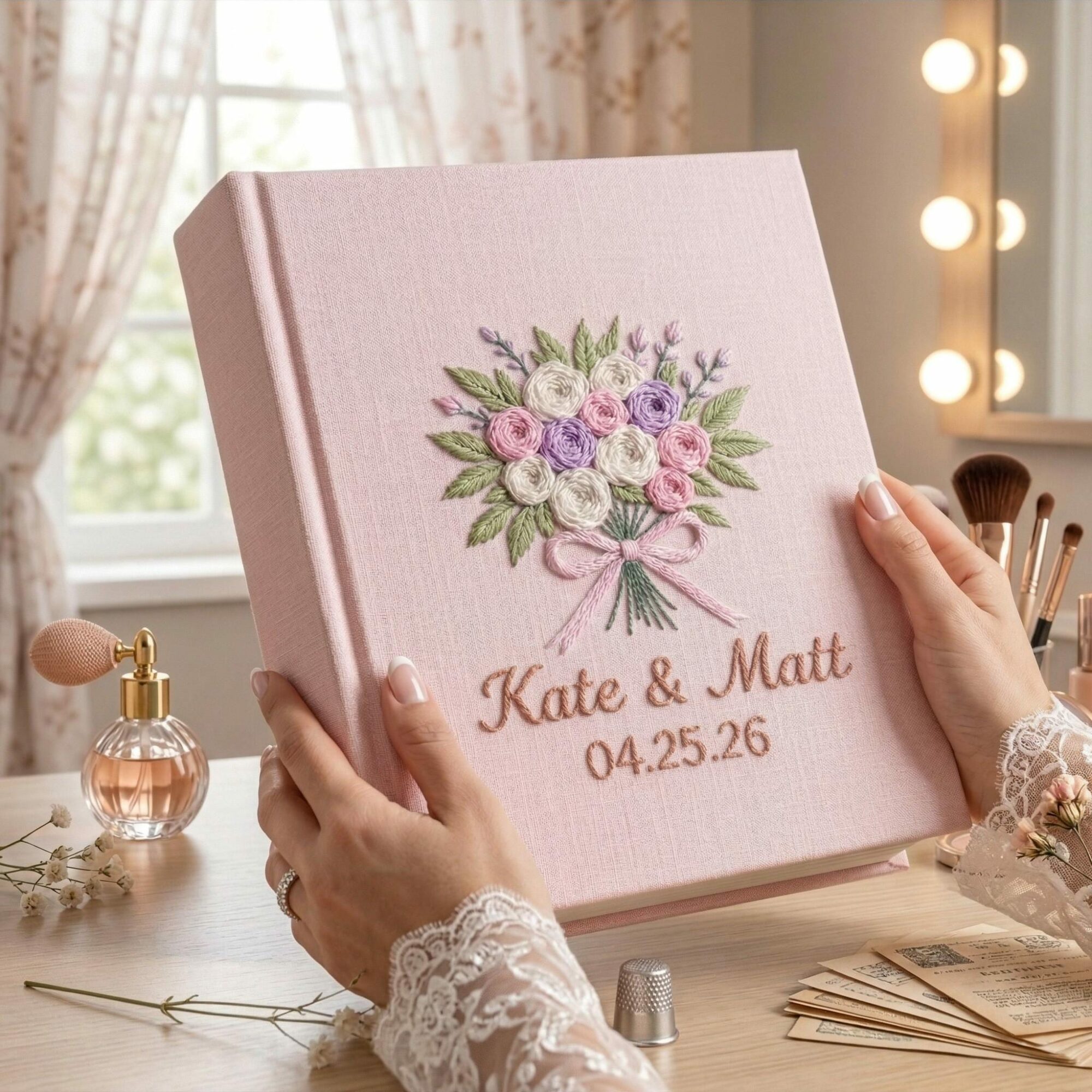 Personalized Wedding Photo Album – Hand Embroidered Bouquet Linen Keepsake 2 Personalized Wedding Photo Album – Hand Embroidered Bouquet Linen Keepsake