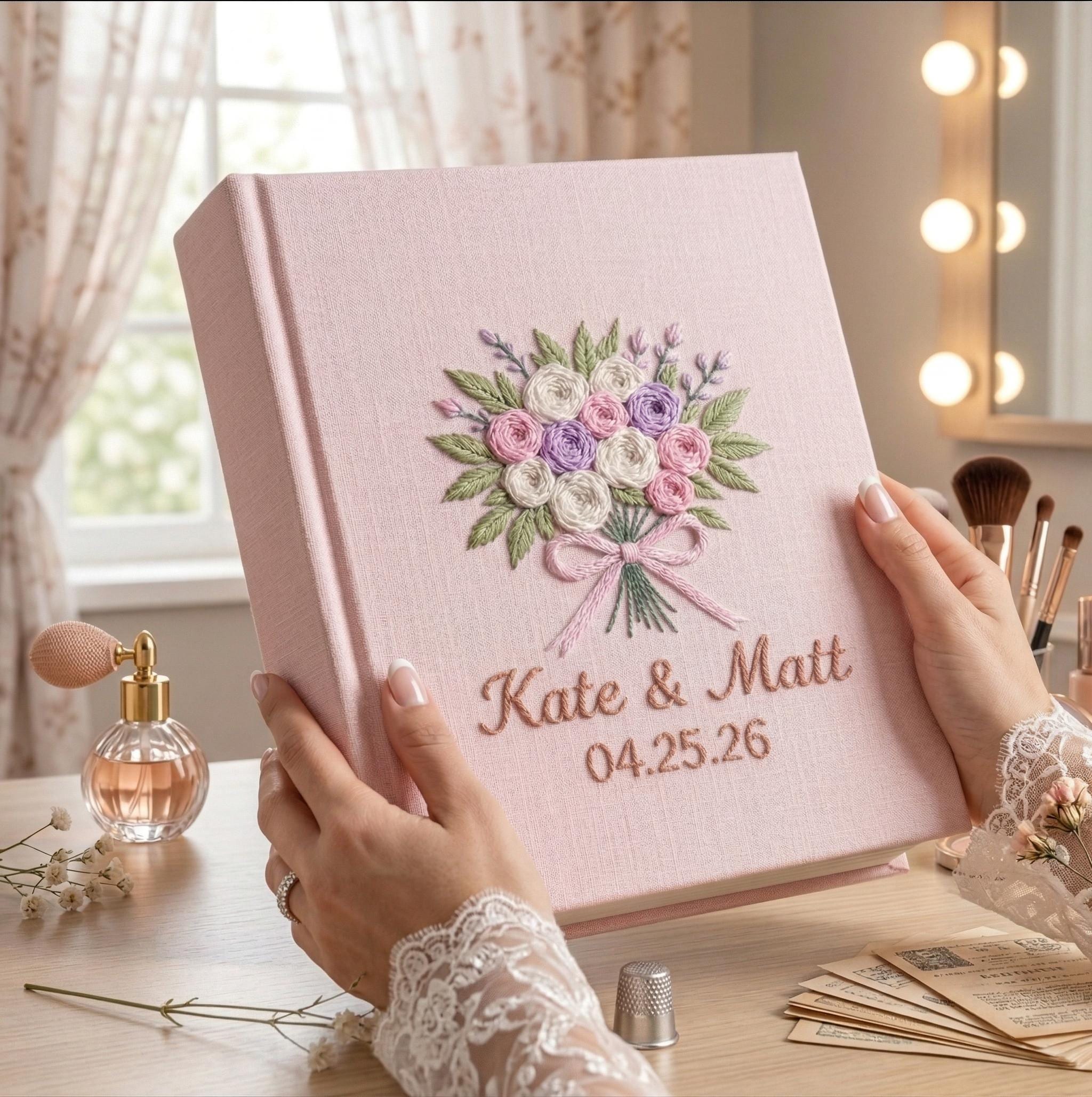 Personalized Wedding Photo Album – Hand Embroidered Bouquet Linen Keepsake Personalized Wedding Photo Album – Hand Embroidered Bouquet Linen Keepsake