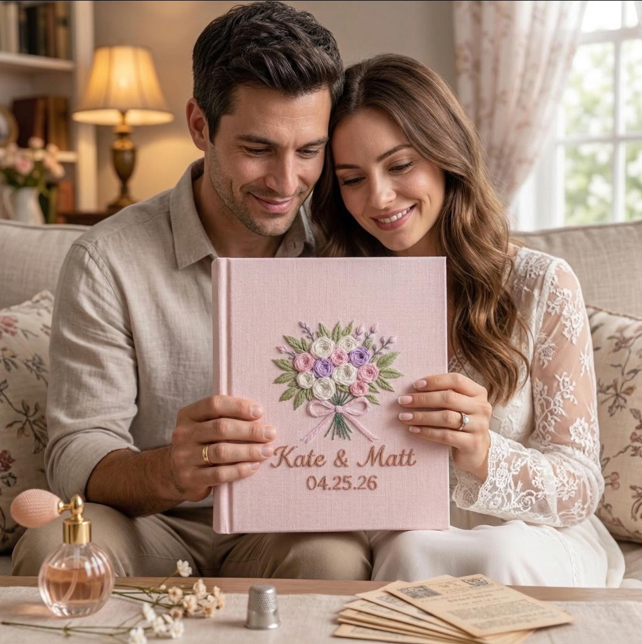 Personalized Wedding Photo Album – Hand Embroidered Bouquet Linen Keepsake Personalized Wedding Photo Album – Hand Embroidered Bouquet Linen Keepsake