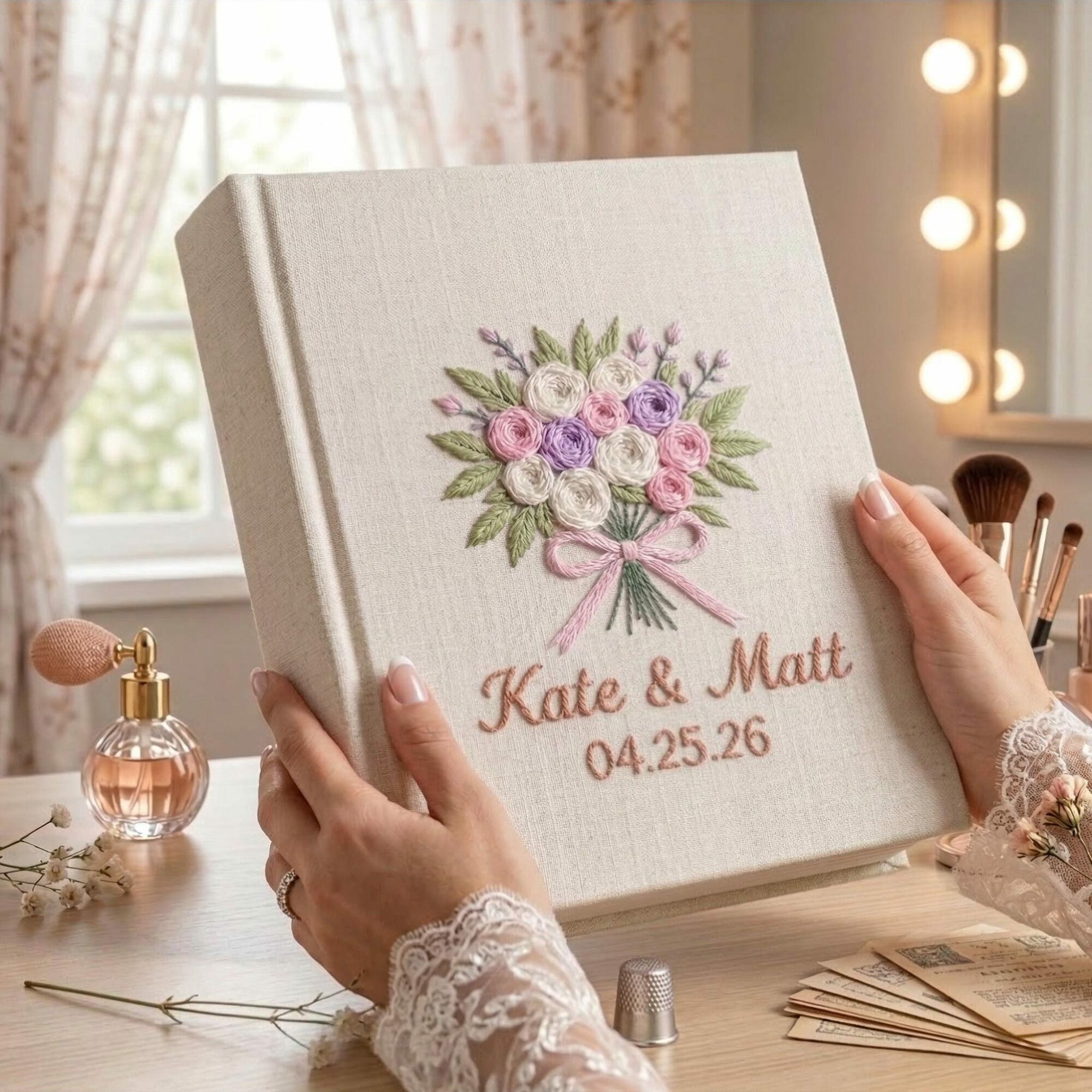 Personalized Wedding Photo Album – Hand Embroidered Bouquet Linen Keepsake 6 Personalized Wedding Photo Album – Hand Embroidered Bouquet Linen Keepsake