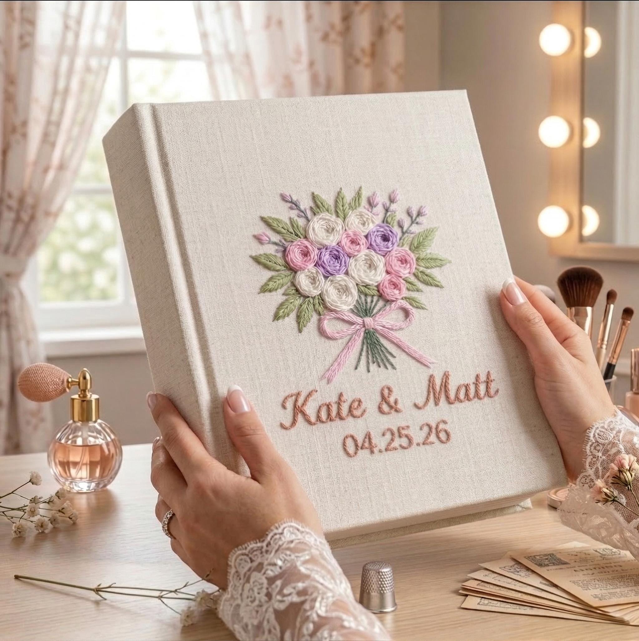 Personalized Wedding Photo Album – Hand Embroidered Bouquet Linen Keepsake Personalized Wedding Photo Album – Hand Embroidered Bouquet Linen Keepsake