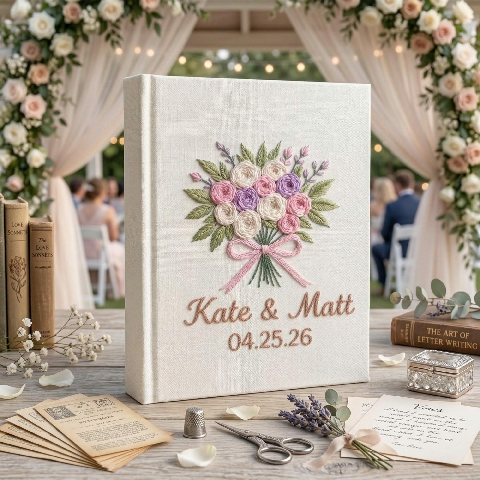 Personalized Wedding Photo Album – Hand Embroidered Bouquet Linen Keepsake