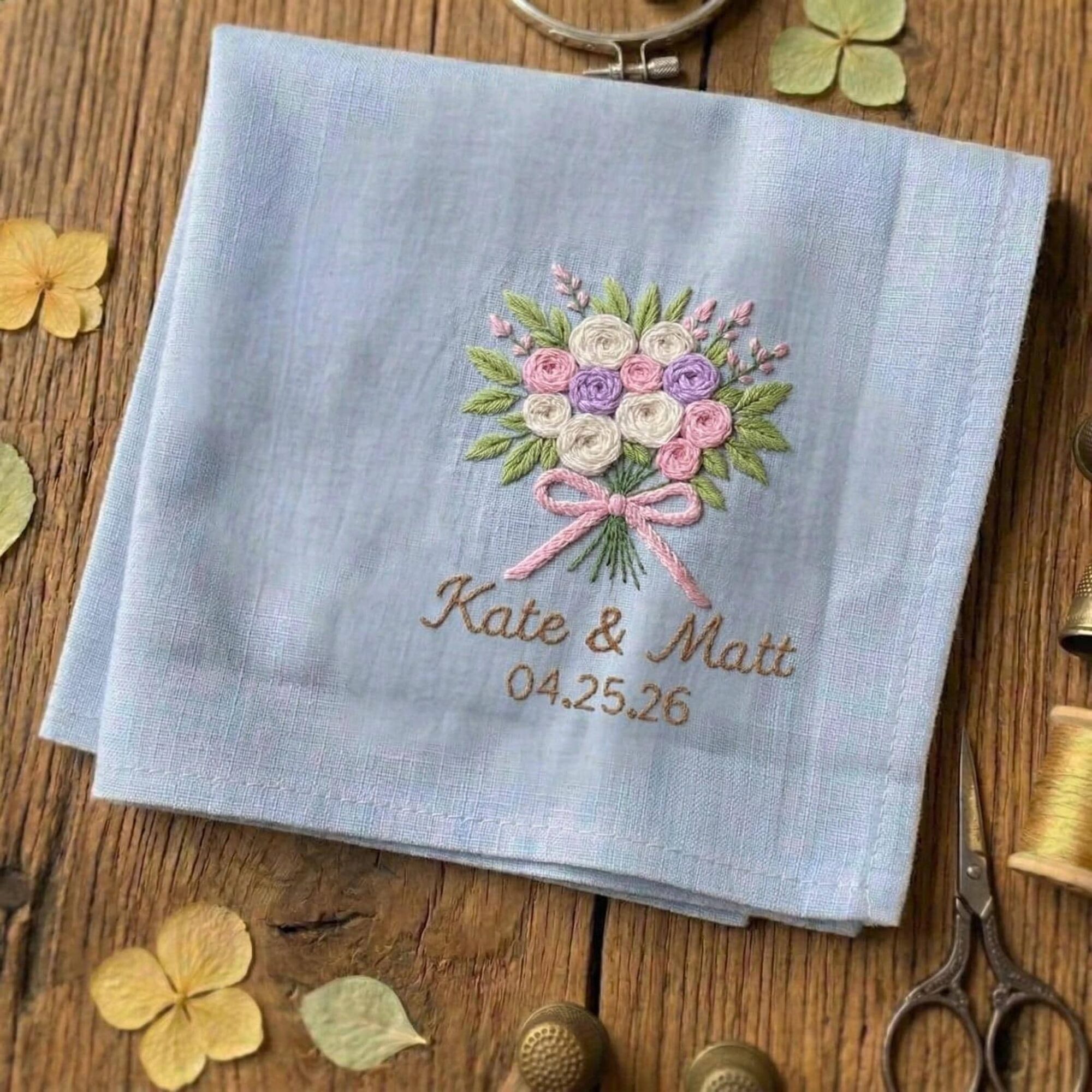 Wedding Bouquet Embroidered Handkerchief – Personalized Bride & Groom Names Keepsake