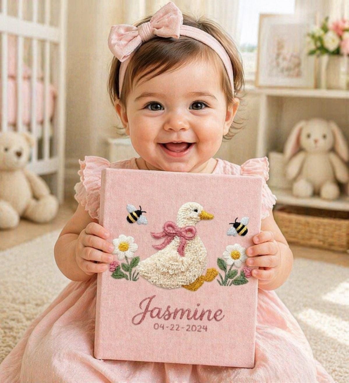 Goose & Bumblebee Embroidered Baby Photo Album – Personalized Linen Memory Book Goose & Bumblebee Embroidered Baby Photo Album – Personalized Linen Memory Book