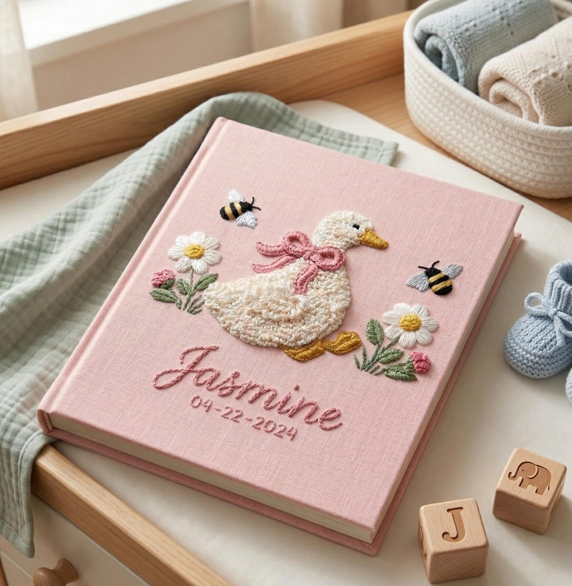 Goose & Bumblebee Embroidered Baby Photo Album – Personalized Linen Memory Book