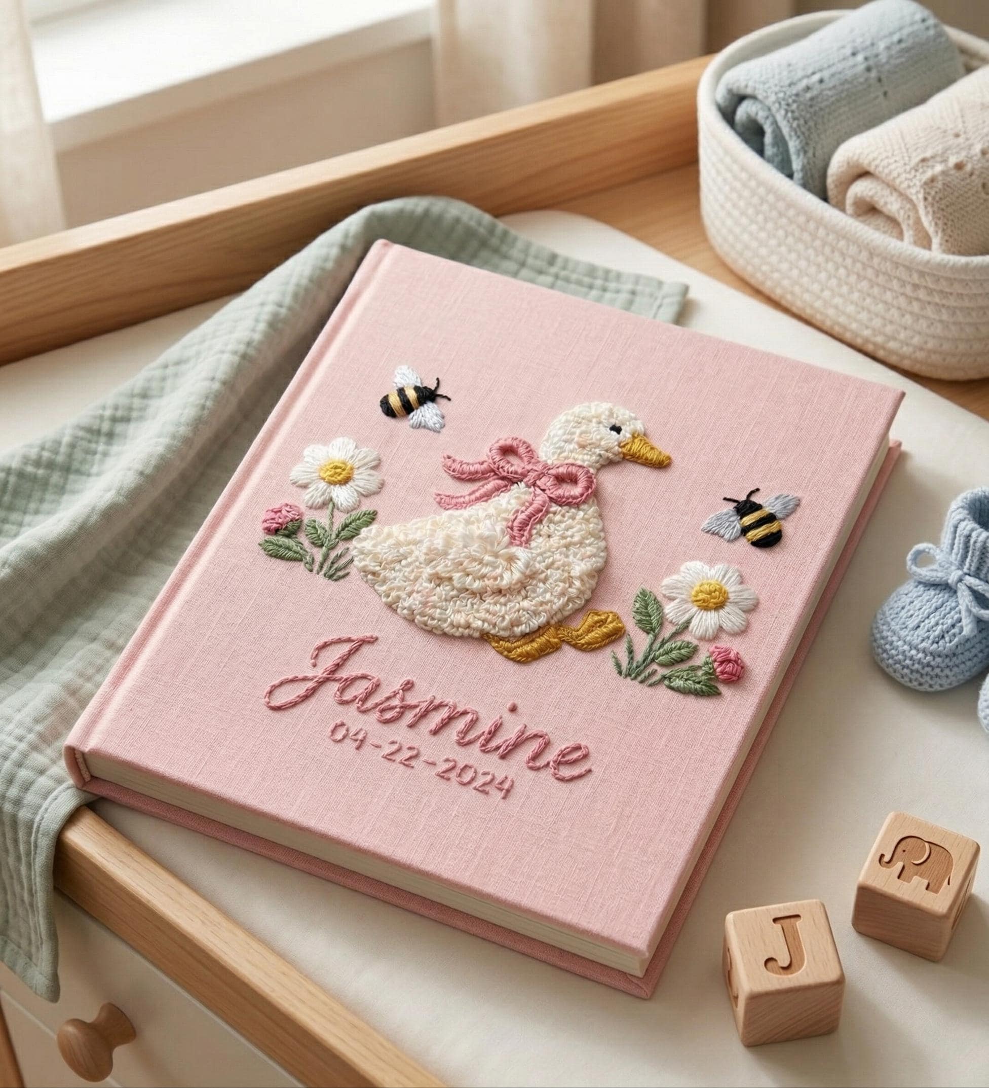 Goose & Bumblebee Embroidered Baby Photo Album – Personalized Linen Memory Book Goose & Bumblebee Embroidered Baby Photo Album – Personalized Linen Memory Book