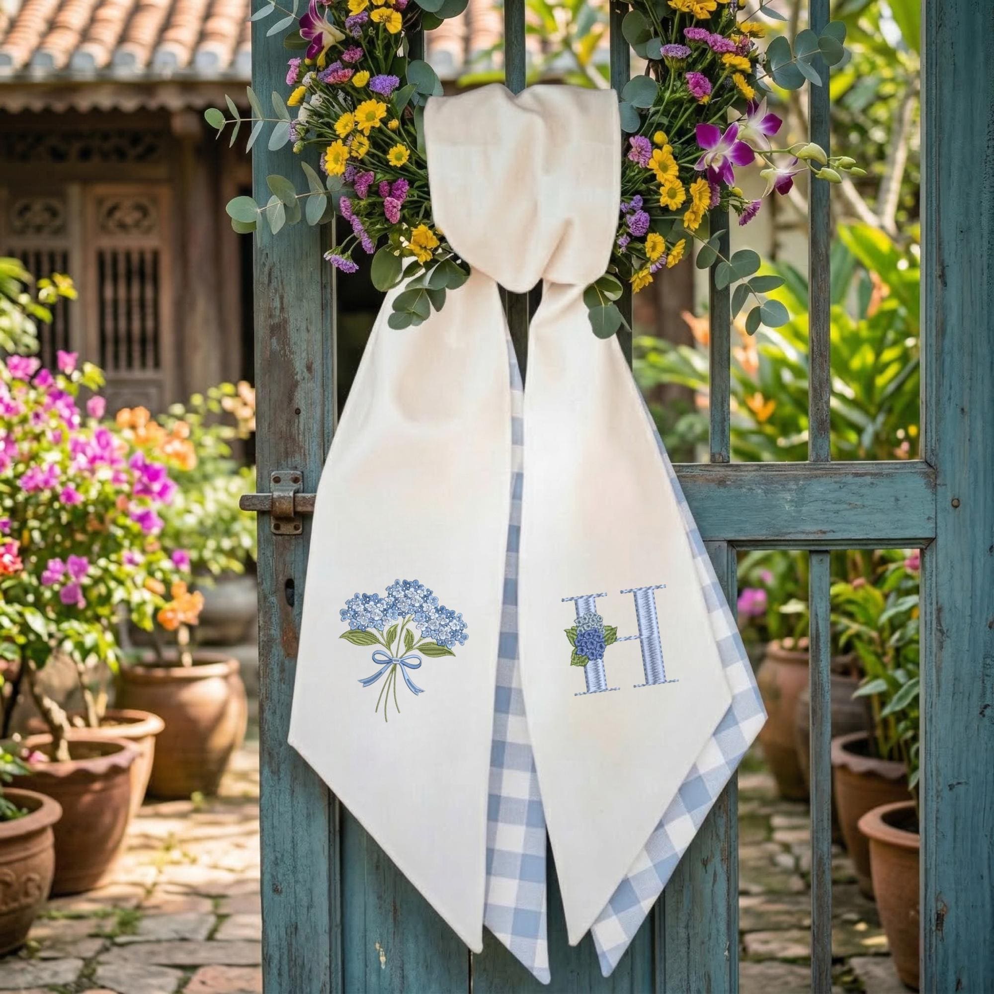 Personalized Blue Hydrangea Embroidered Wreath Sash Custom Initial Monogram Linen Ribbon Boutique Spring & Summer Door Decor