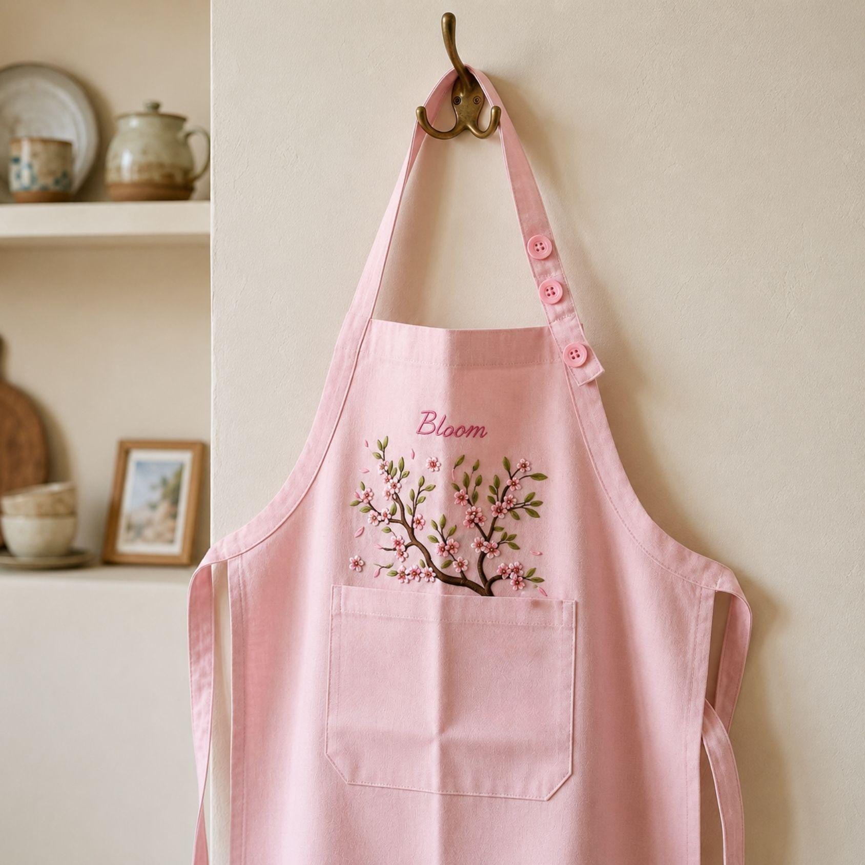 Cherry Blossom Embroidered Linen Apron – Personalized Floral Kitchen