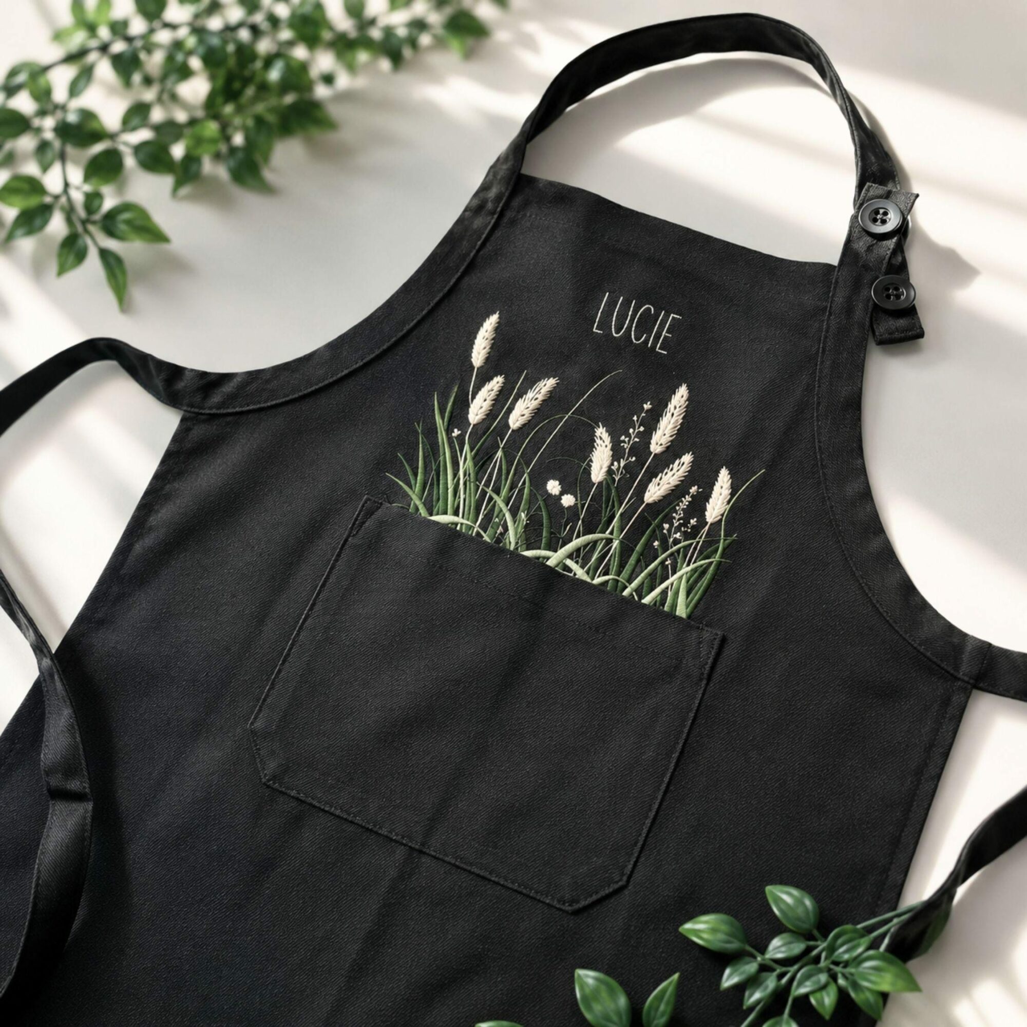 Pampas Grass Embroidered Linen Apron – Personalized Botanical Kitchen