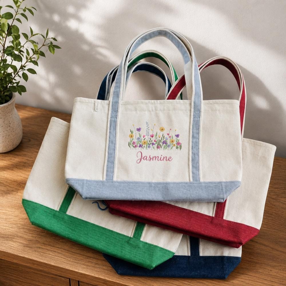 Wildflower Embroidered Canvas Tote Bag – Personalized Floral Monogram