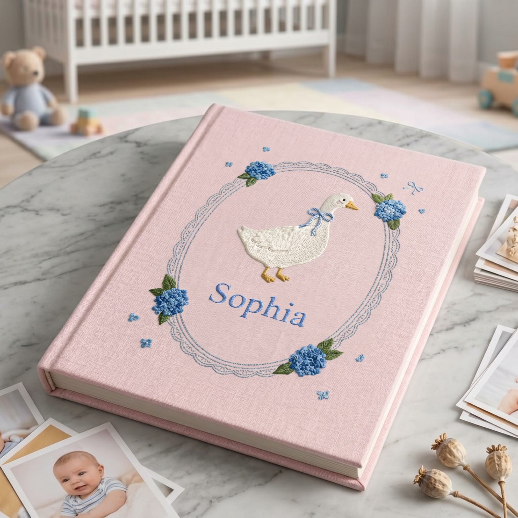 Personalized Embroidered Baby's Photo Album, Custom Goose & Hydrangea Motif, Heirloom Baby Keepsake, Newborn Photo Storage