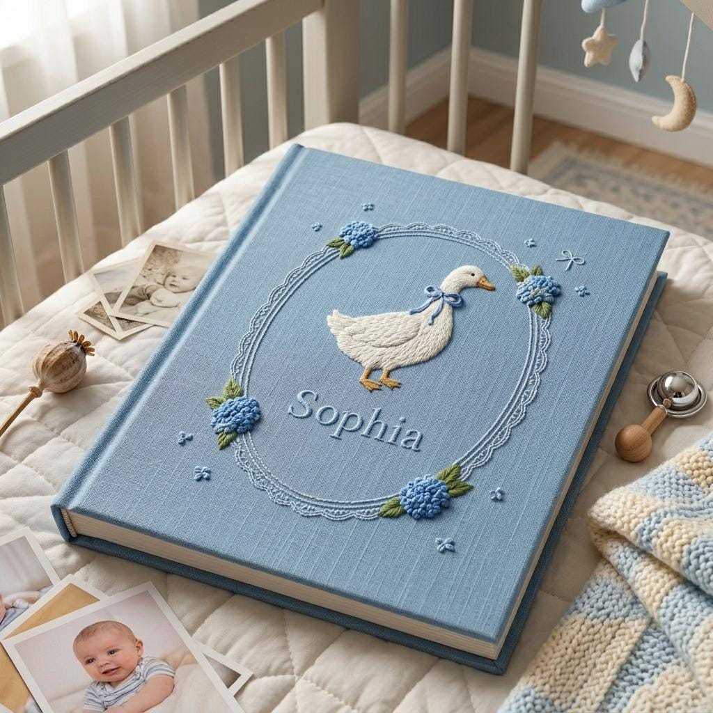 Personalized Embroidered Baby's Photo Album, Custom Goose & Hydrangea Motif, Heirloom Baby Keepsake, Newborn Photo Storage