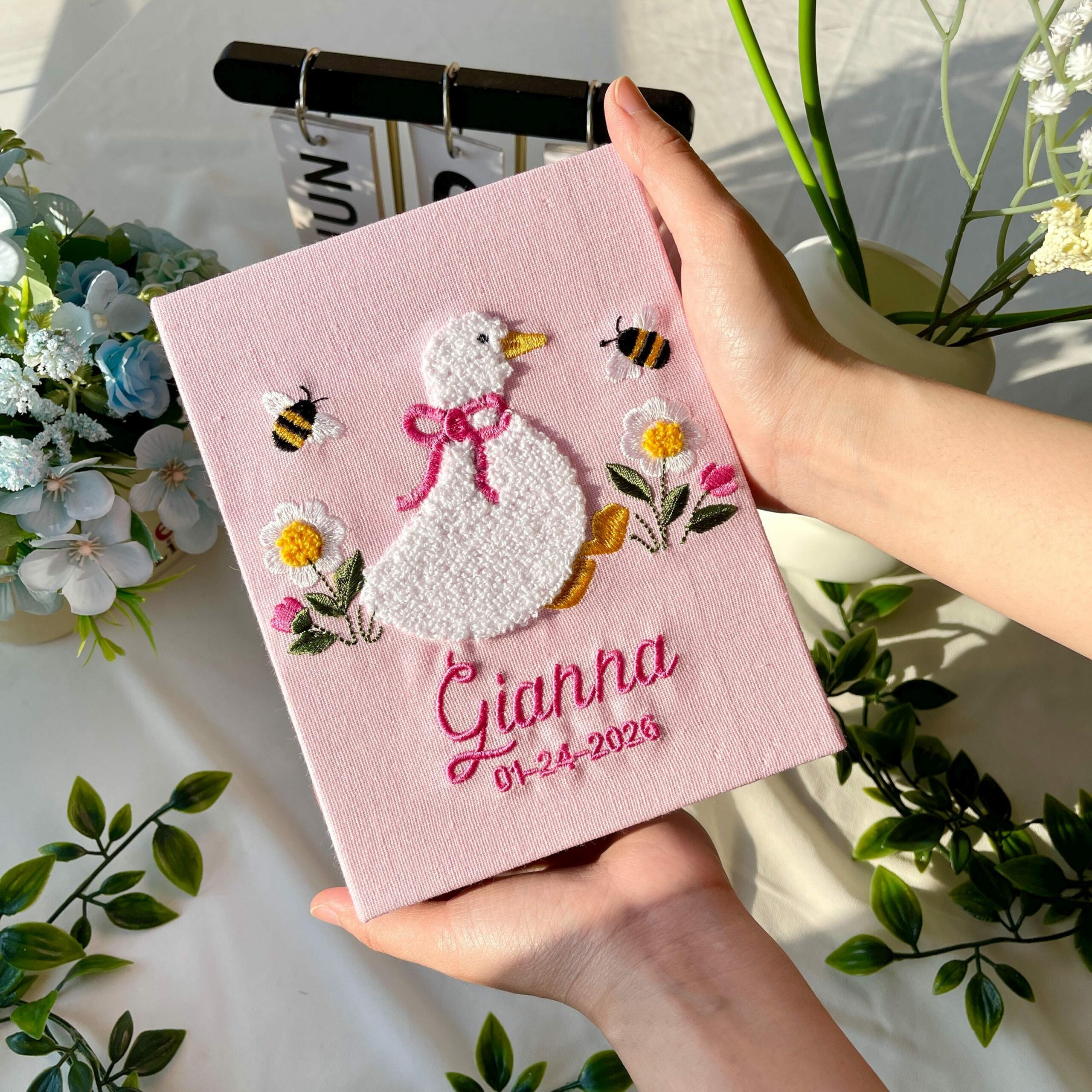 Goose & Bumblebee Embroidered Baby Photo Album – Personalized Linen Memory Book Goose & Bumblebee Embroidered Baby Photo Album – Personalized Linen Memory Book