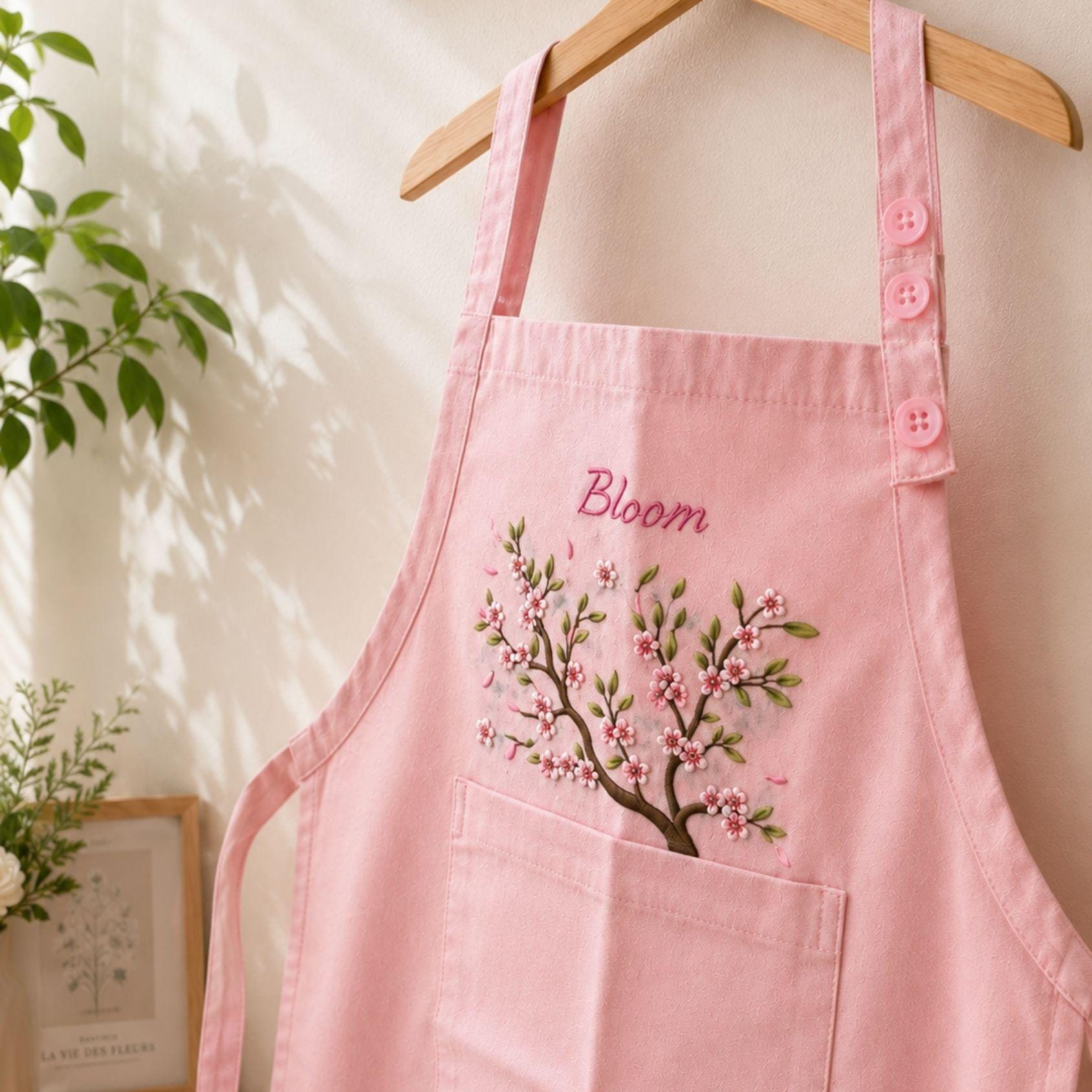 Cherry Blossom Embroidered Linen Apron – Personalized Floral Kitchen