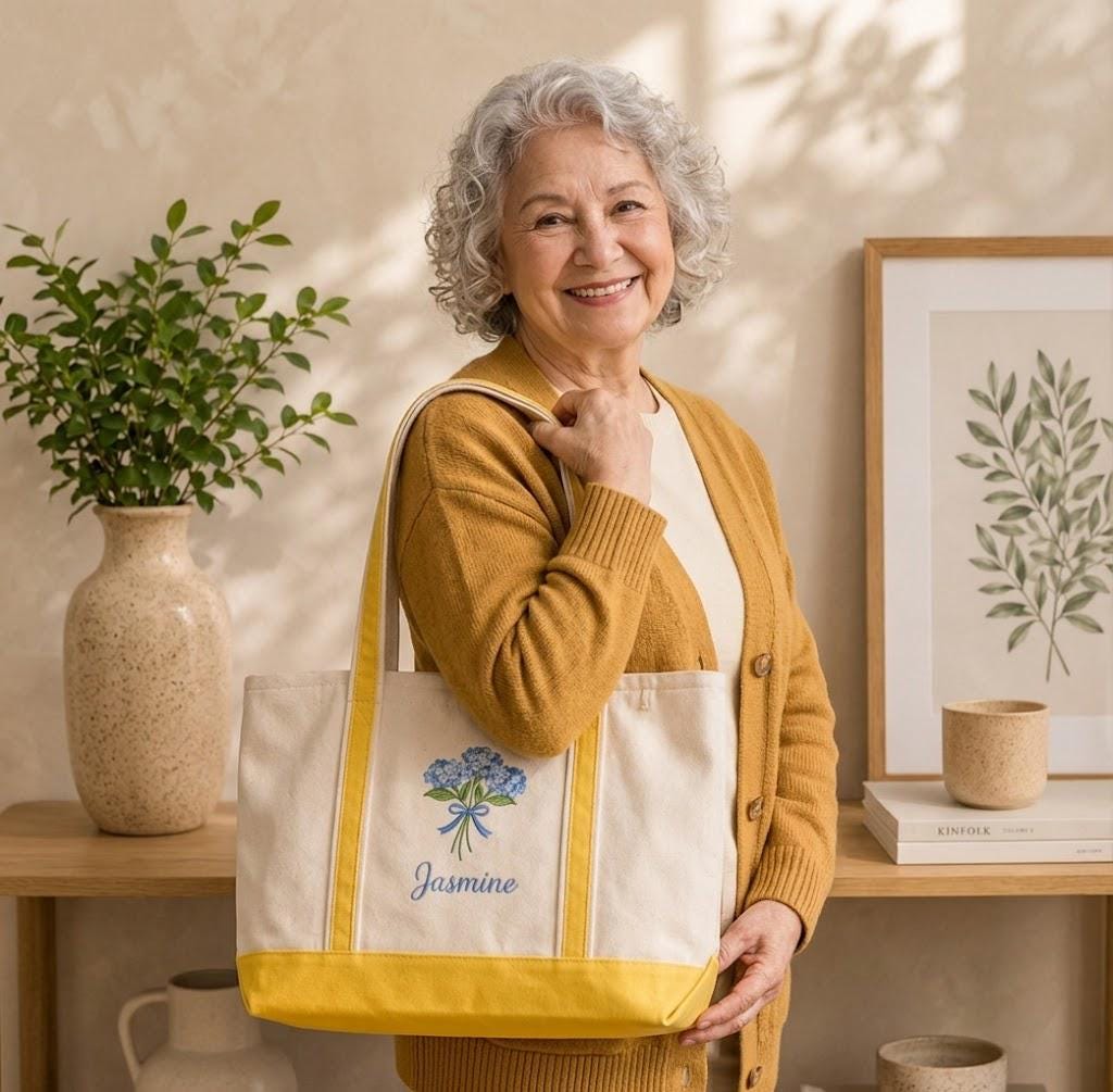 Blue Hydrangea Embroidered Canvas Tote Bag – Personalized Floral Teacher Gift