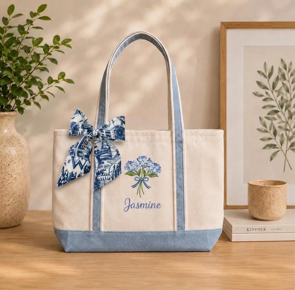 Blue Hydrangea Embroidered Canvas Tote Bag – Personalized Floral Teacher Gift