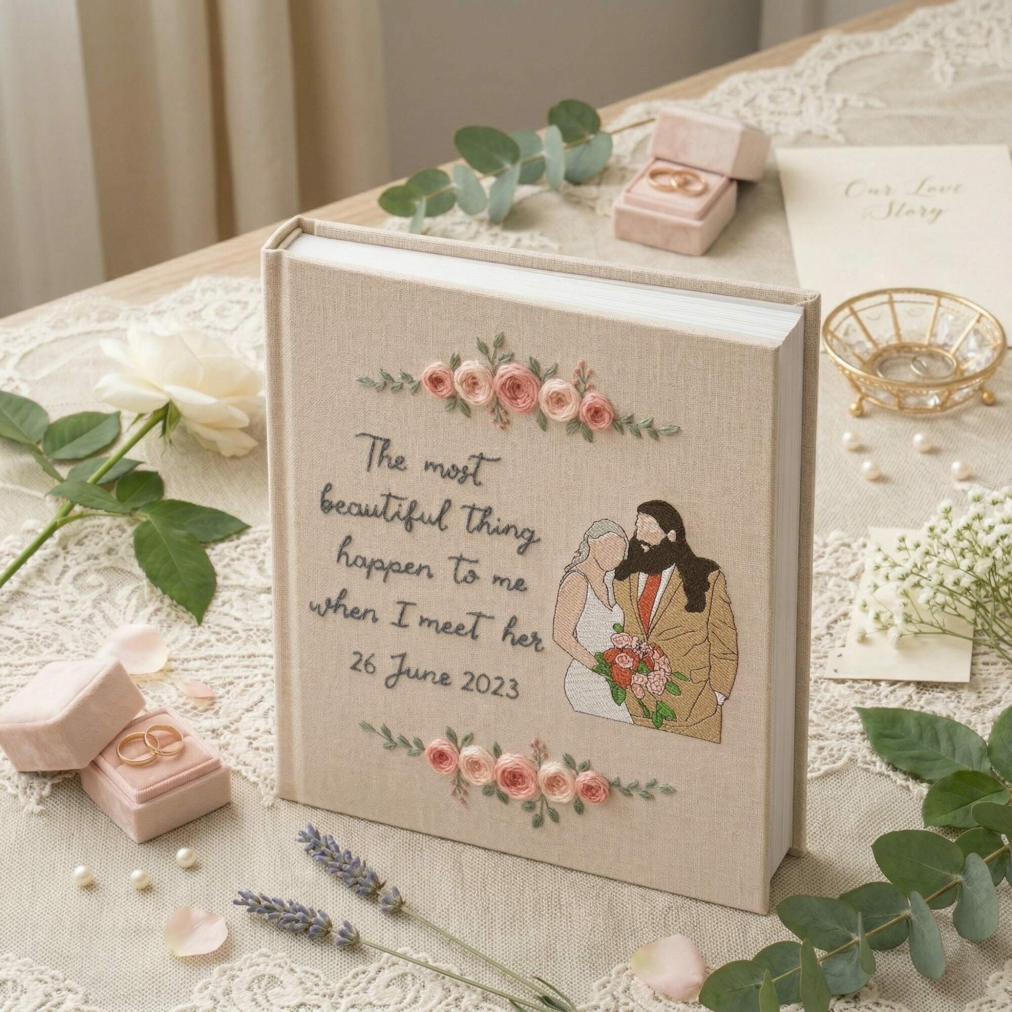 Custom Portrait Embroidered Wedding Photo Album – Personalized Floral Keepsake