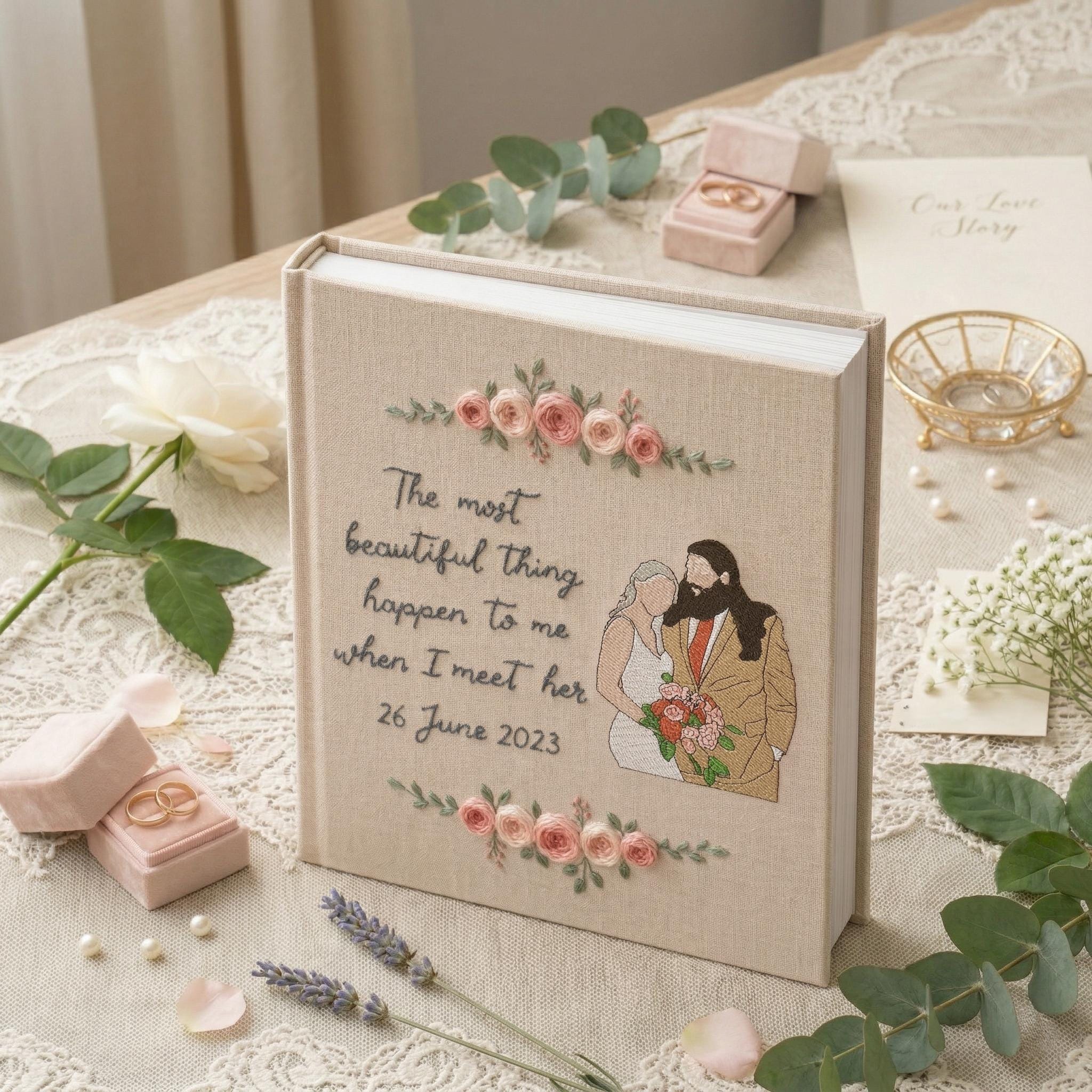 Custom Portrait Embroidered Wedding Photo Album – Personalized Floral Keepsake Custom Portrait Embroidered Wedding Photo Album – Personalized Floral Keepsake