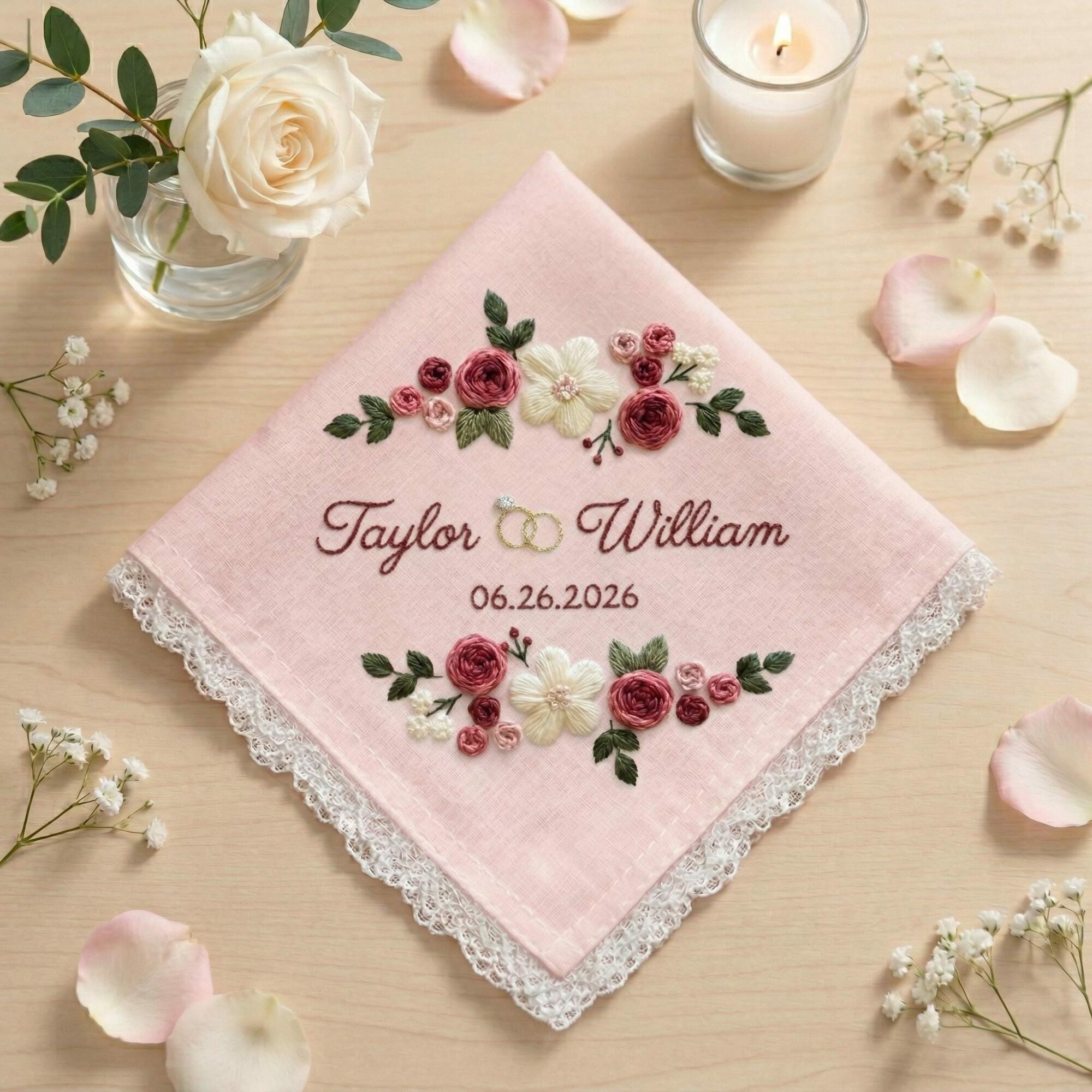 Floral Embroidered Wedding Handkerchief – Personalized Bridal Keepsake