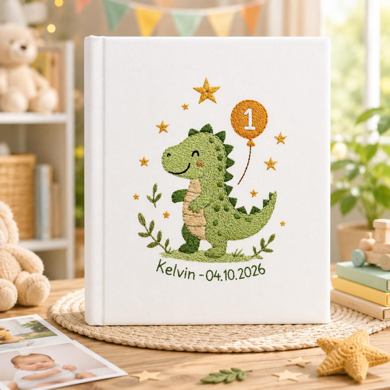 Goose & Bumblebee Embroidered Baby Photo Album – Personalized Linen Memory Book