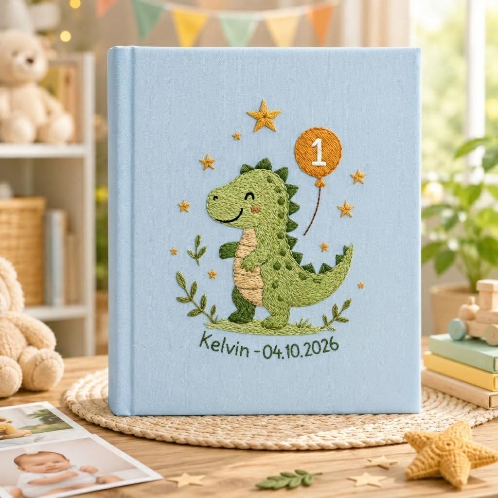 Goose & Bumblebee Embroidered Baby Photo Album – Personalized Linen Memory Book