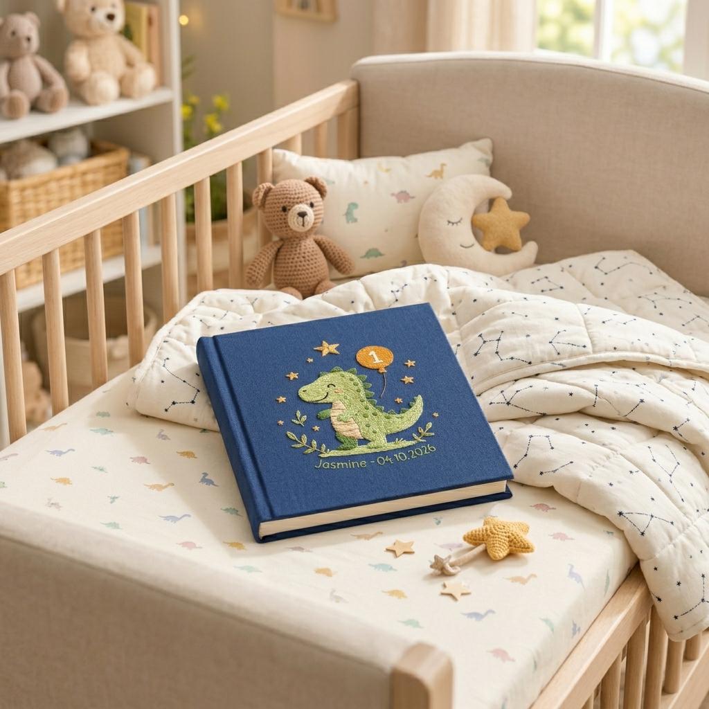 Goose & Bumblebee Embroidered Baby Photo Album – Personalized Linen Memory Book Goose & Bumblebee Embroidered Baby Photo Album – Personalized Linen Memory Book