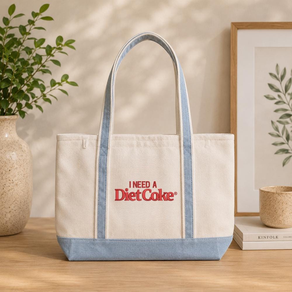 Custom I Need A Diet Coke Embroidered Canvas Tote Bag Funny Ribbon Bow Reusable Grocery DietCoke Lovers