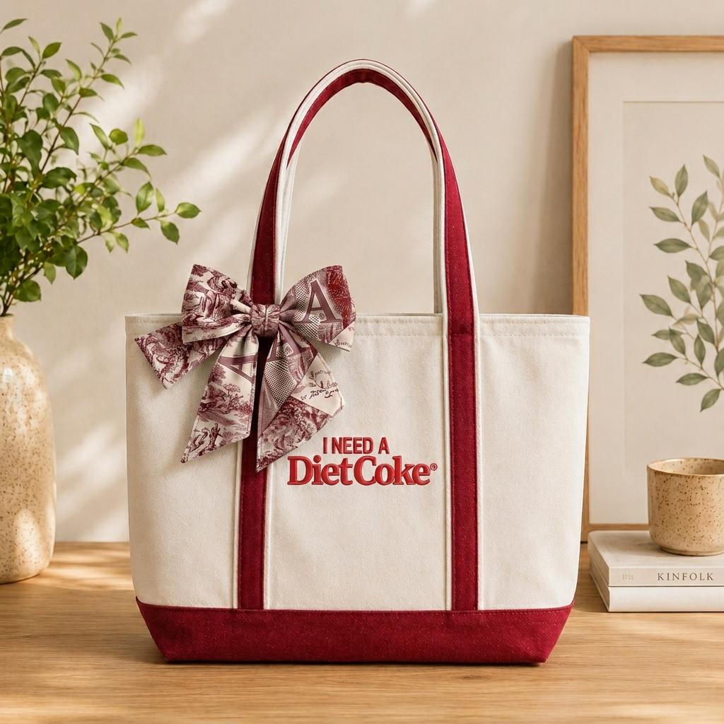 Custom I Need A Diet Coke Embroidered Canvas Tote Bag Funny Ribbon Bow Reusable Grocery DietCoke Lovers