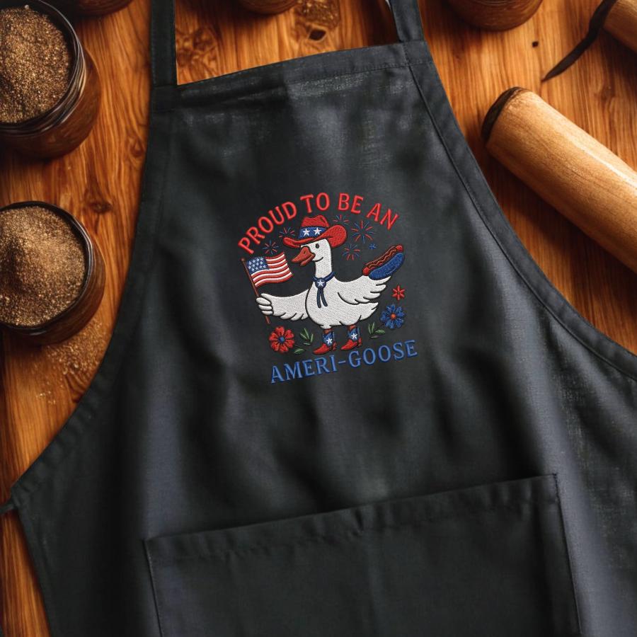 Proud To Be An Ameri-Goose Embroidered Linen Apron – Patriotic BBQ Grill Apron