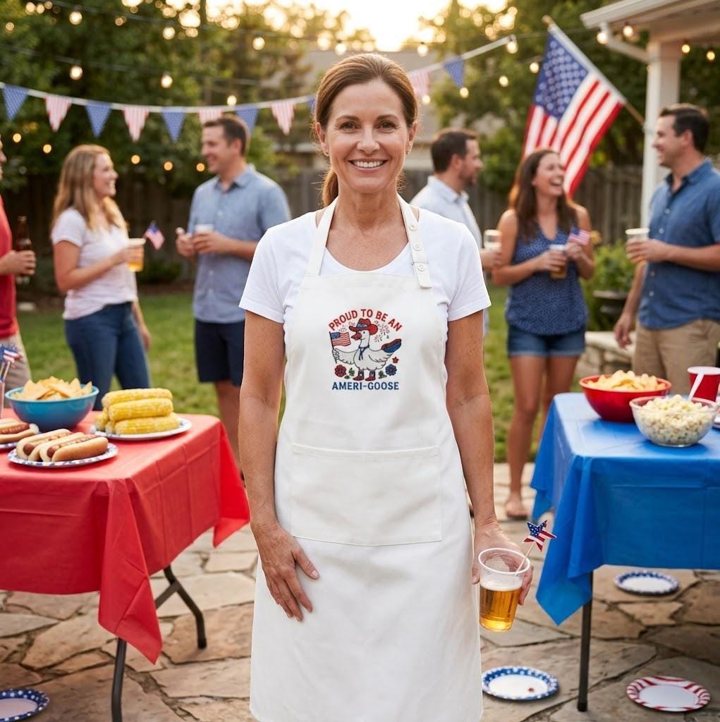 Proud To Be An Ameri-Goose Embroidered Linen Apron – Patriotic BBQ Grill Apron