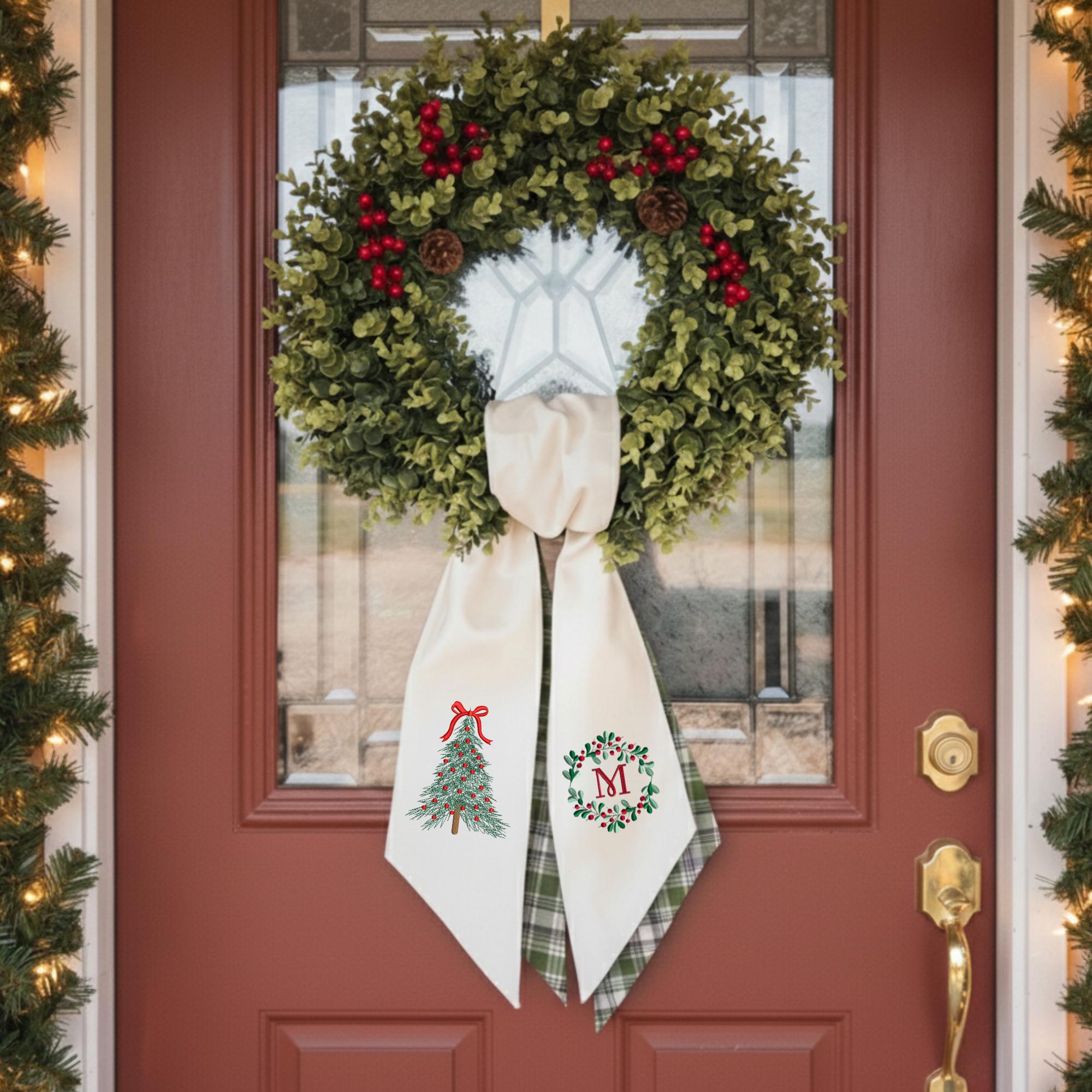 Personalized Christmas Tree Embroidered Wreath Sash – Custom Monogram Bow Linen Decor