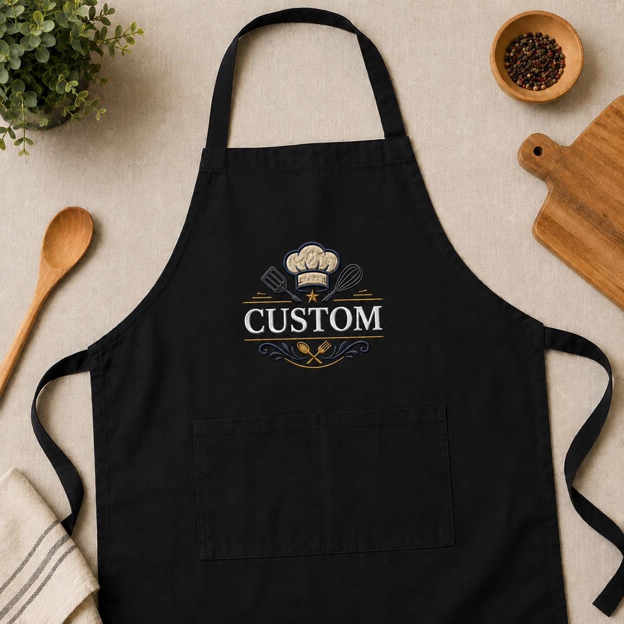 Custom Logo Embroidered Linen Apron – Personalized Cooking Apron