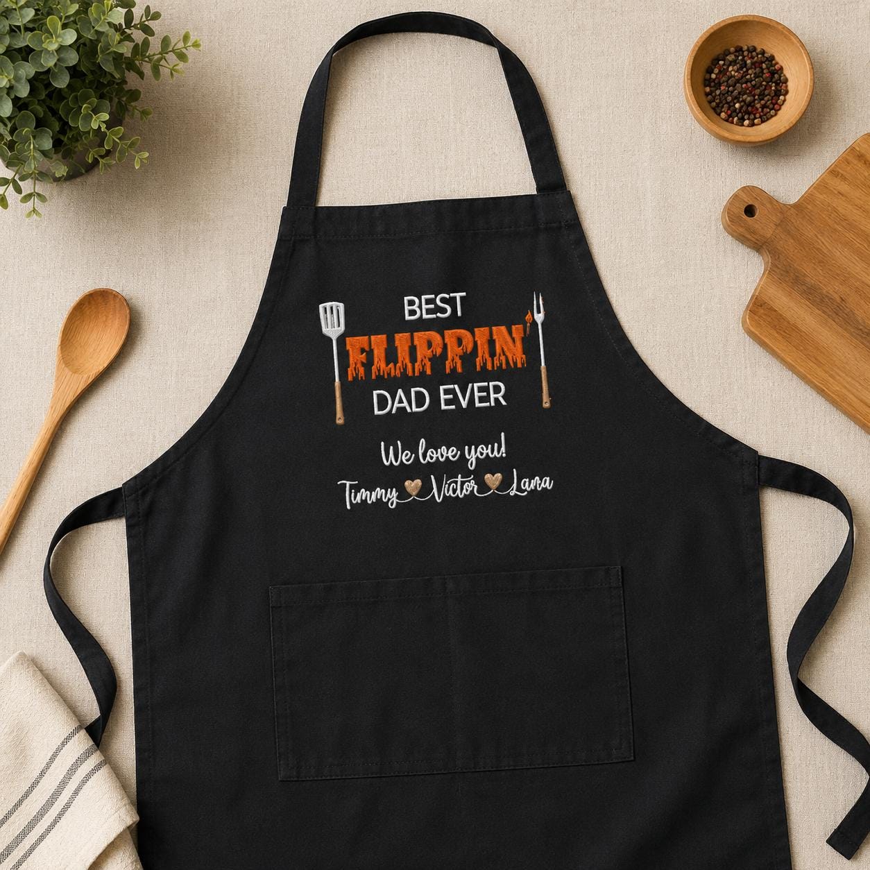 Best Flippin’ Dad Ever Embroidered Apron – Personalized Kids Names Father’s Day Gift
