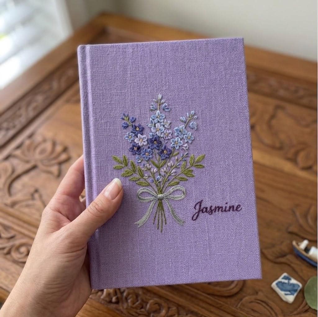 Custom Embroidered Wildflower Journal Gift, Personalized Name Linen Hardcover Notebook, Unique Birth Month Flower Writer Notebook