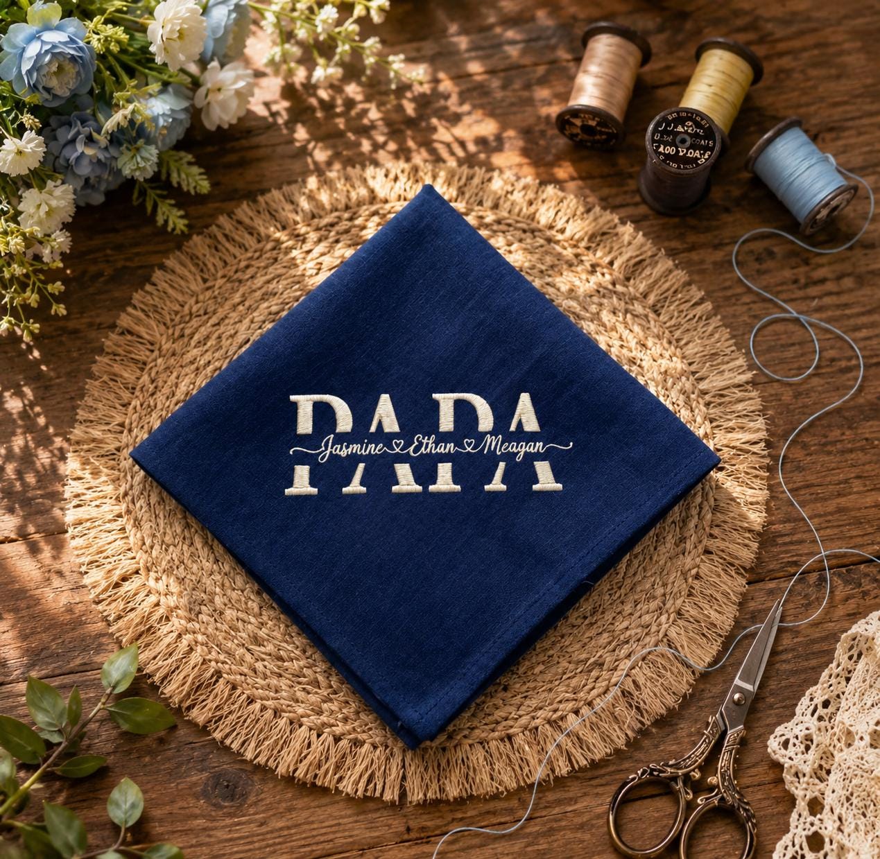 Custom Embroidered Papa Handkerchief – Personalized Kids Names Linen Pocket Square