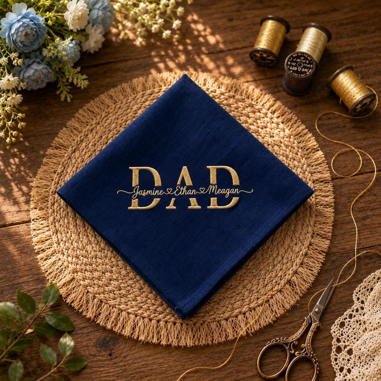 Custom Embroidered Papa Handkerchief – Personalized Kids Names Linen Pocket Square