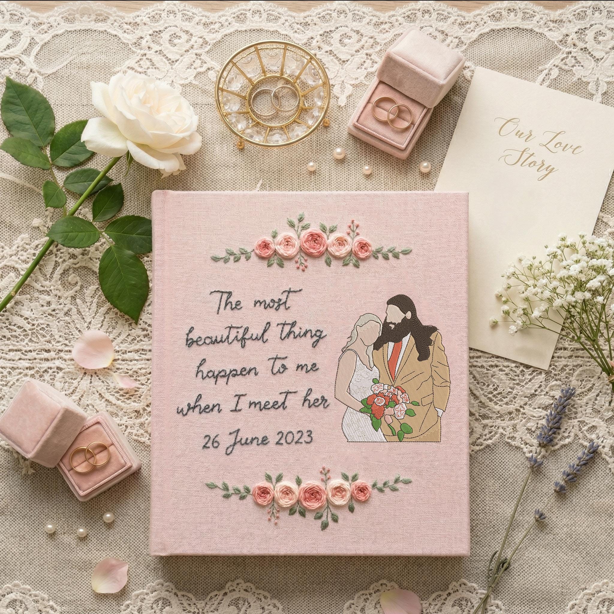 Custom Portrait Embroidered Wedding Photo Album – Personalized Floral Keepsake Custom Portrait Embroidered Wedding Photo Album – Personalized Floral Keepsake