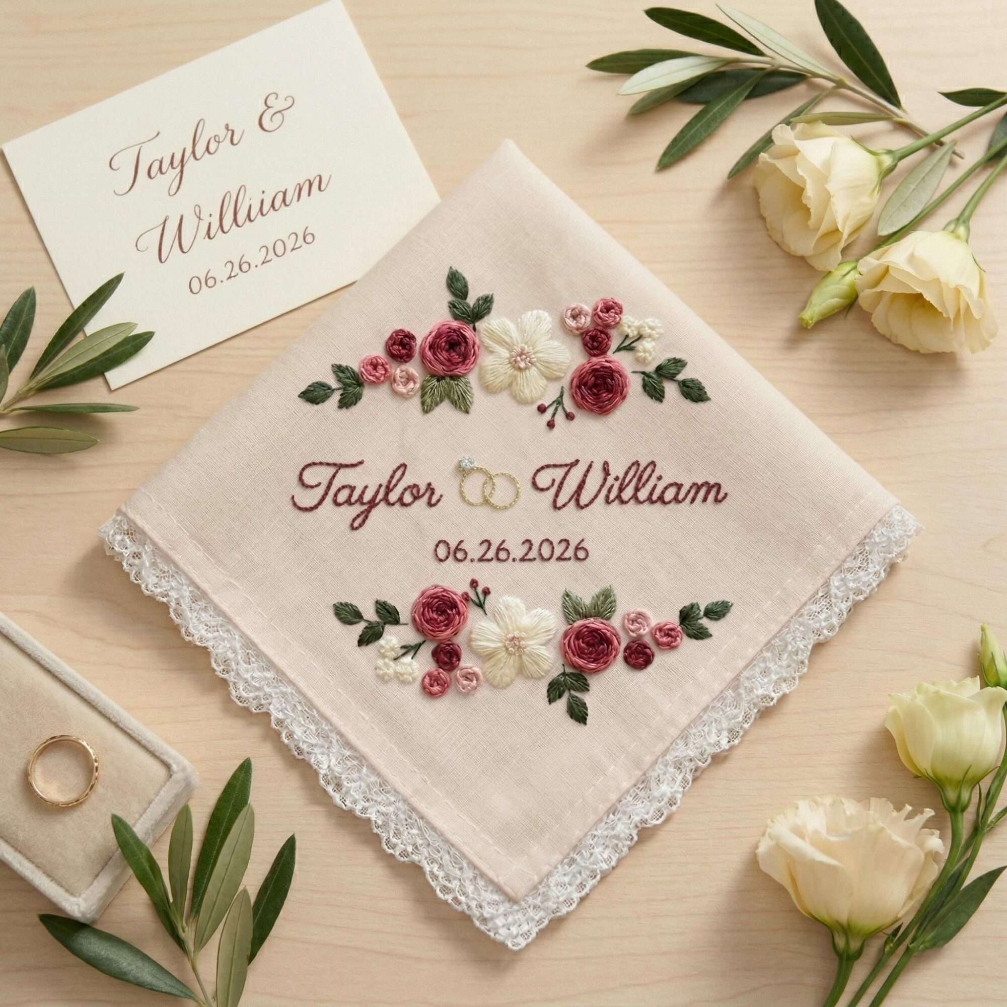 Floral Embroidered Wedding Handkerchief – Personalized Bridal Keepsake