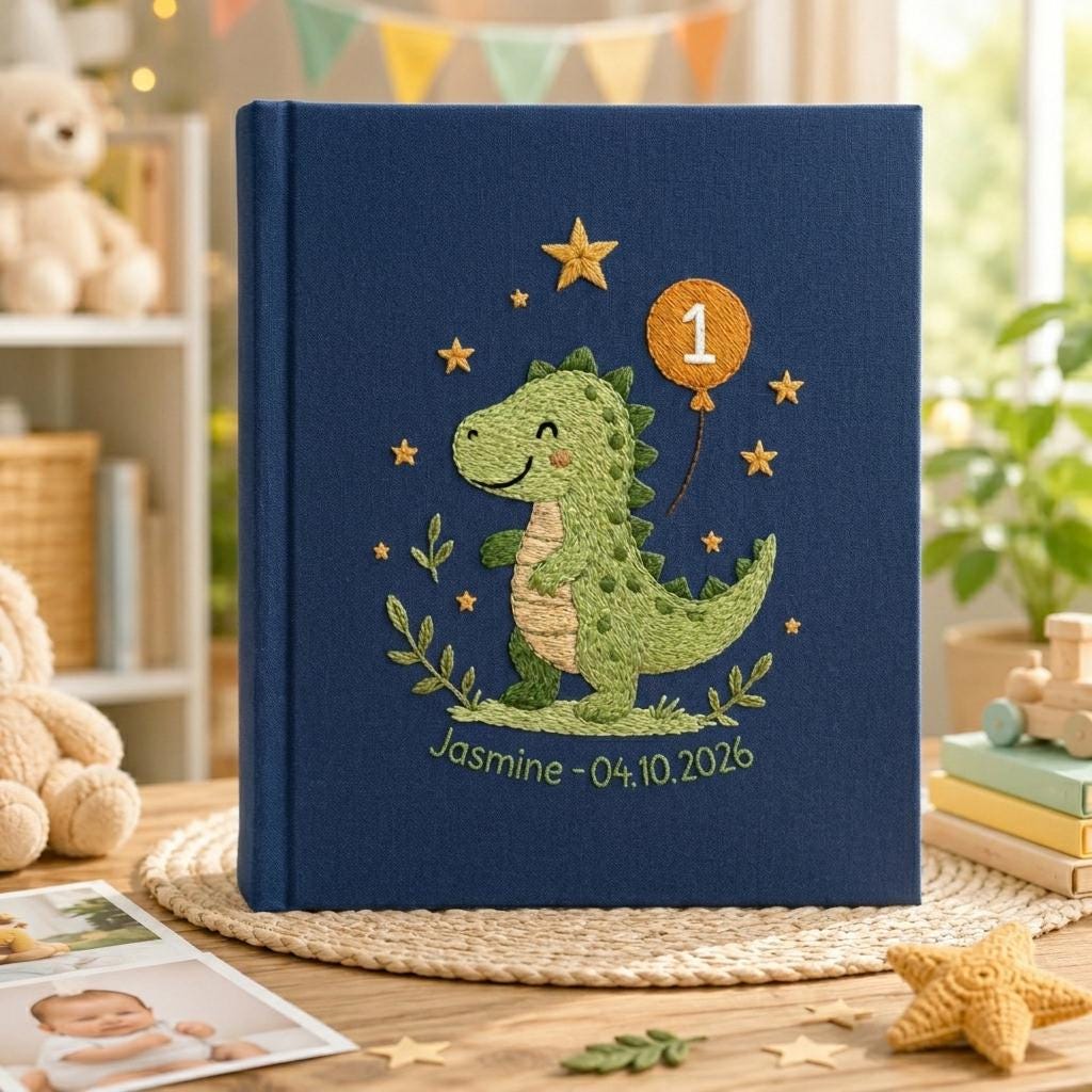 Goose & Bumblebee Embroidered Baby Photo Album – Personalized Linen Memory Book Goose & Bumblebee Embroidered Baby Photo Album – Personalized Linen Memory Book