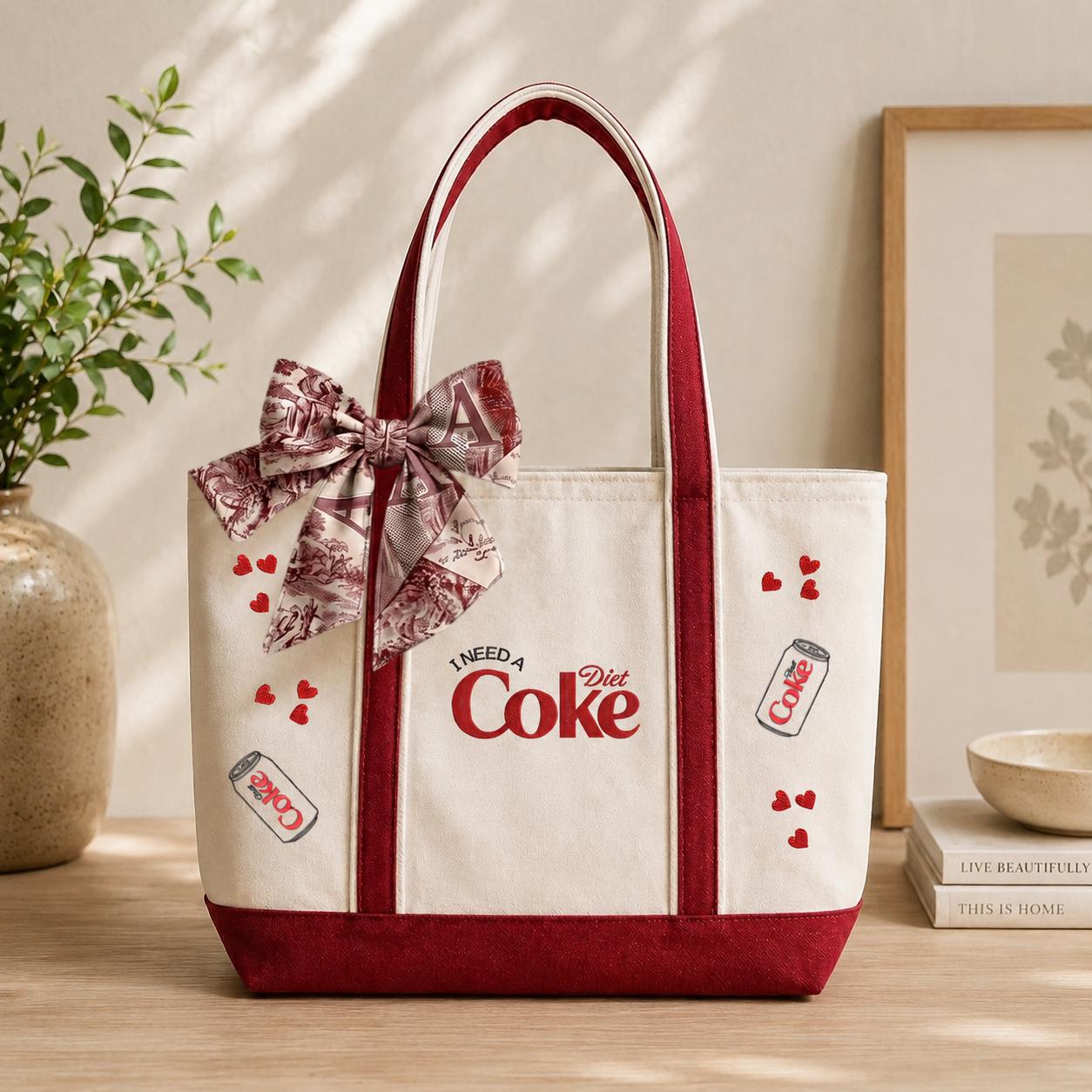 I Need A Diet Coke Embroidered Canvas Tote Bag – Funny Bow Gift For Lovers
