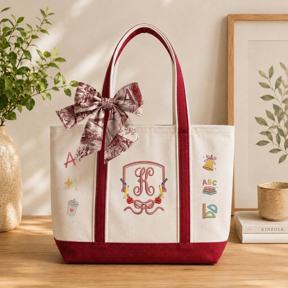 Personalized Monogram Embroidered Teacher Tote Bag – Initial Canvas With Bow