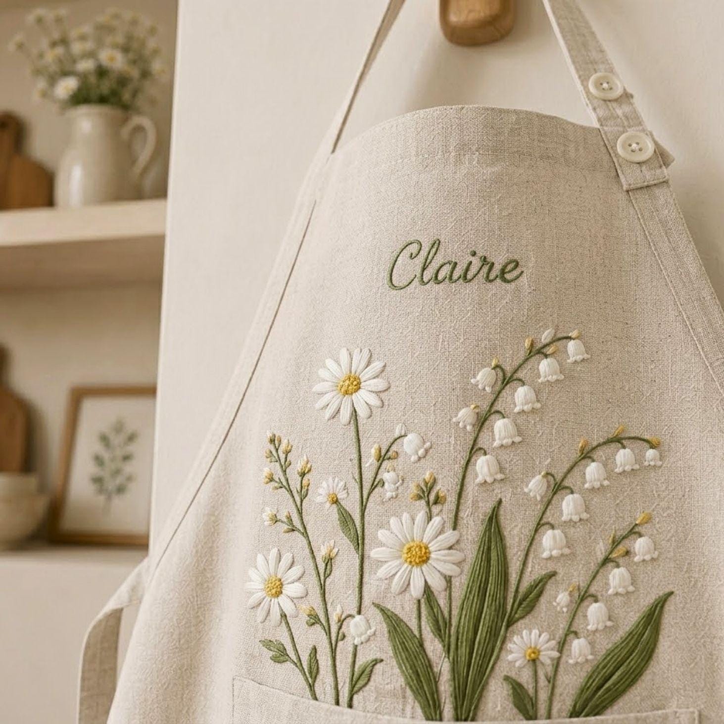 Daisy & Lily Of The Valley Embroidered Linen Apron – Personalized Kitchen