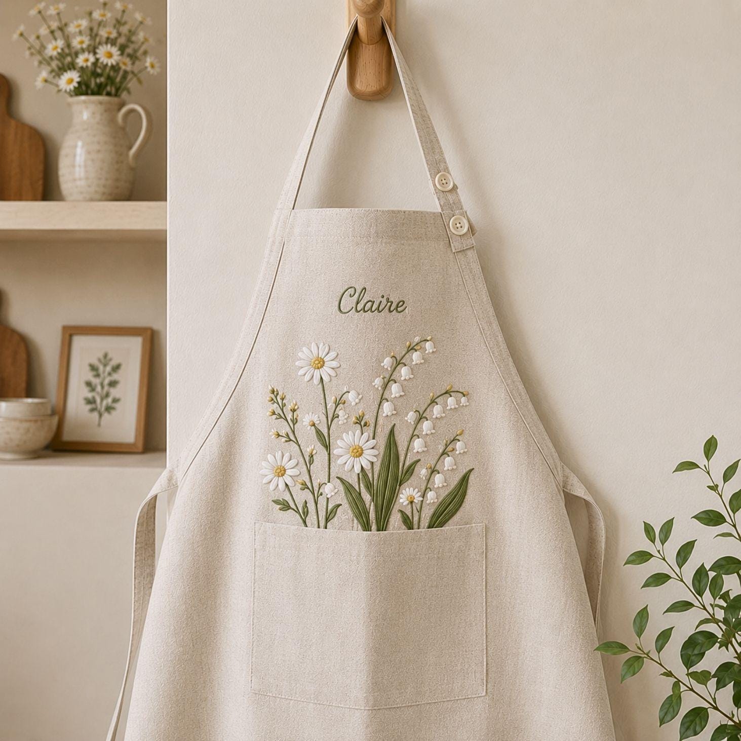 Daisy & Lily Of The Valley Embroidered Linen Apron – Personalized Kitchen