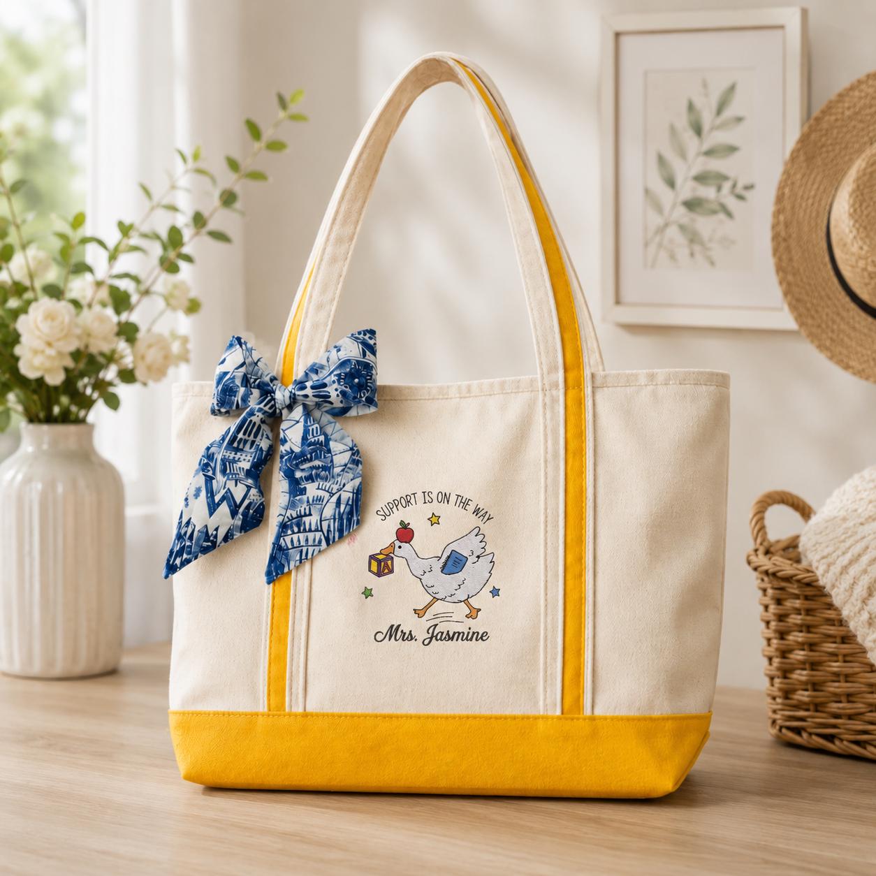 Custom Support Is On The Way Silly Goose Teacher Embroidered Tote Bag, Personalized Teacher Appreciation Gift, Back to School Present