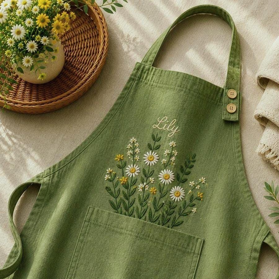 Wildflower Meadow Embroidered Linen Apron – Personalized Kitchen