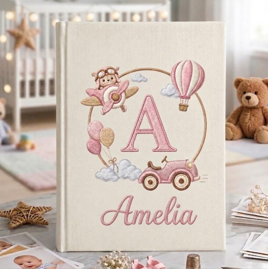 Airplane Embroidered Baby Photo Album – Personalized Newborn Memory Book Airplane Embroidered Baby Photo Album – Personalized Newborn Memory Book
