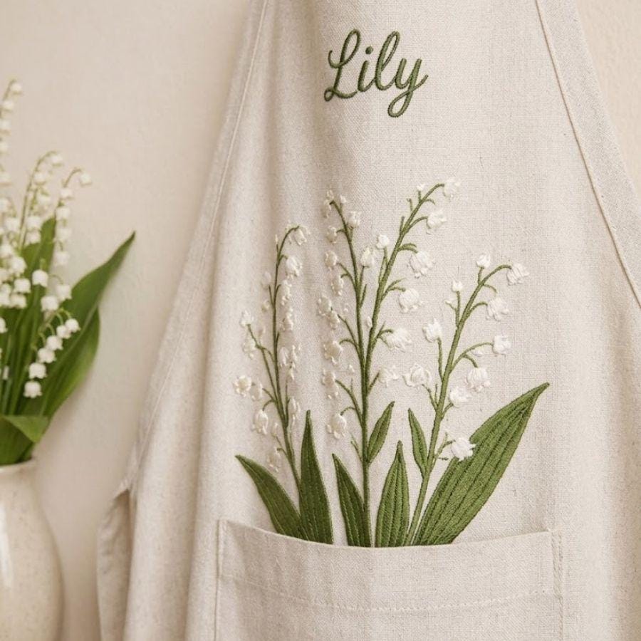 Lily Of The Valley Embroidered Linen Apron – Personalized Floral Kitchen