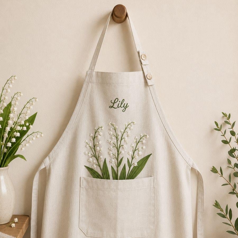 Lily Of The Valley Embroidered Linen Apron – Personalized Floral Kitchen