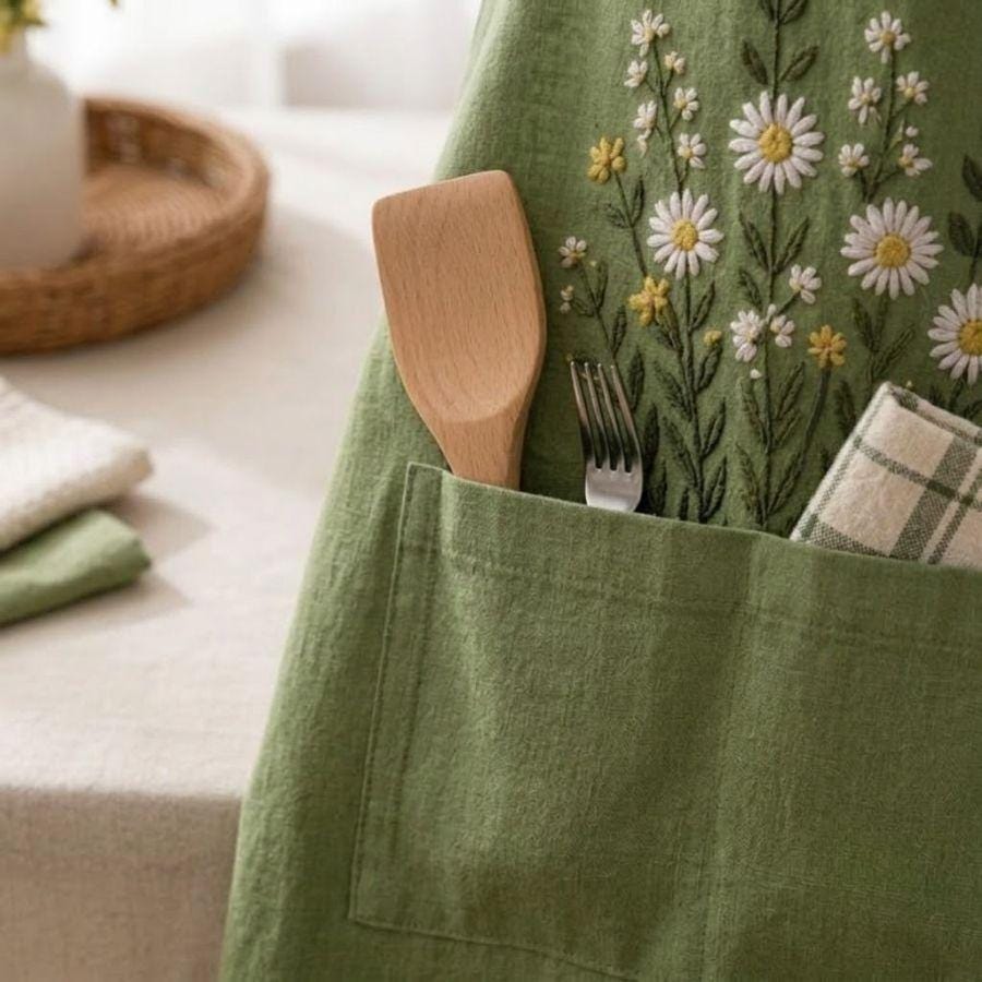 Wildflower Meadow Embroidered Linen Apron – Personalized Kitchen