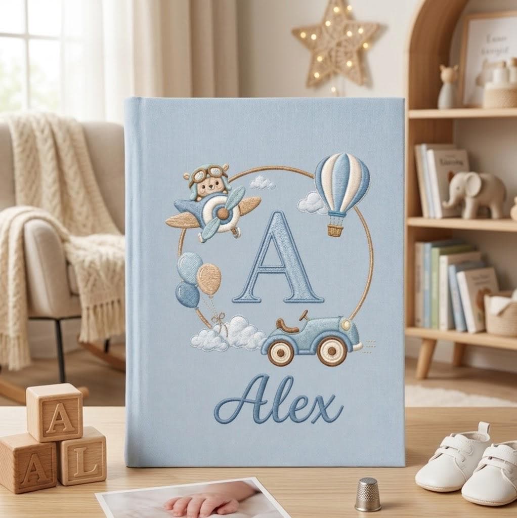 Airplane Embroidered Baby Photo Album – Personalized Newborn Memory Book Airplane Embroidered Baby Photo Album – Personalized Newborn Memory Book